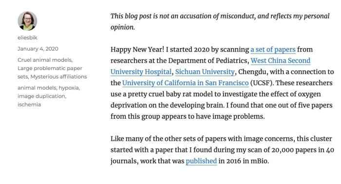 伊丽莎白·比克(Elisabeth Bik)在其博客发文,质疑母得志团队学术不端。 图源:网站截图 母得志团队回应论文造假质疑:正核查研究数据